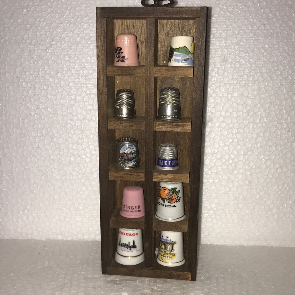 Wooden Thimble Display Case with Assorted Thimbles